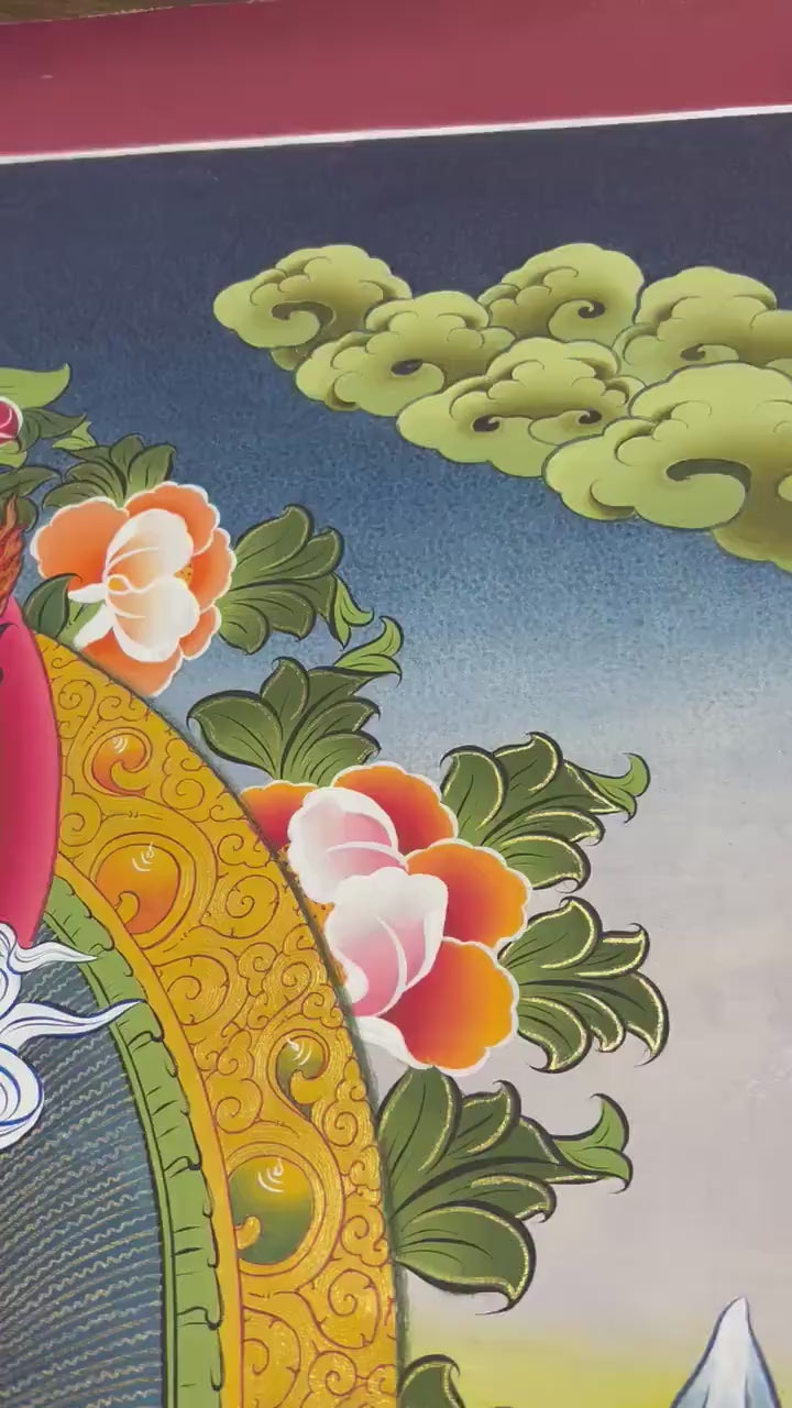 Load video: Original Hand-Painted Padmasambhava Guru Rinpoche Thangka Painting | Tibetan Buddhist Wall Hanging Painting