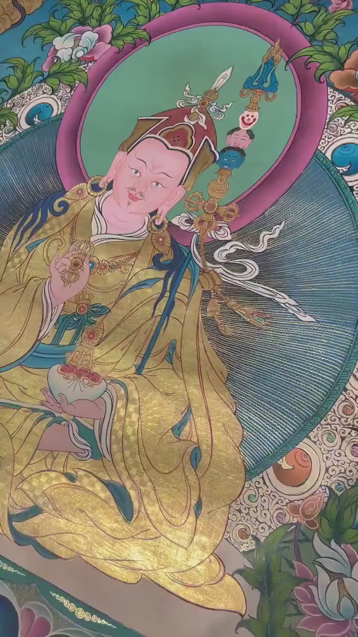 Load video: Guru Rinpoche Padmasambhava 24k Gold Traditional Thangka | Wall Hanging Canvas Art