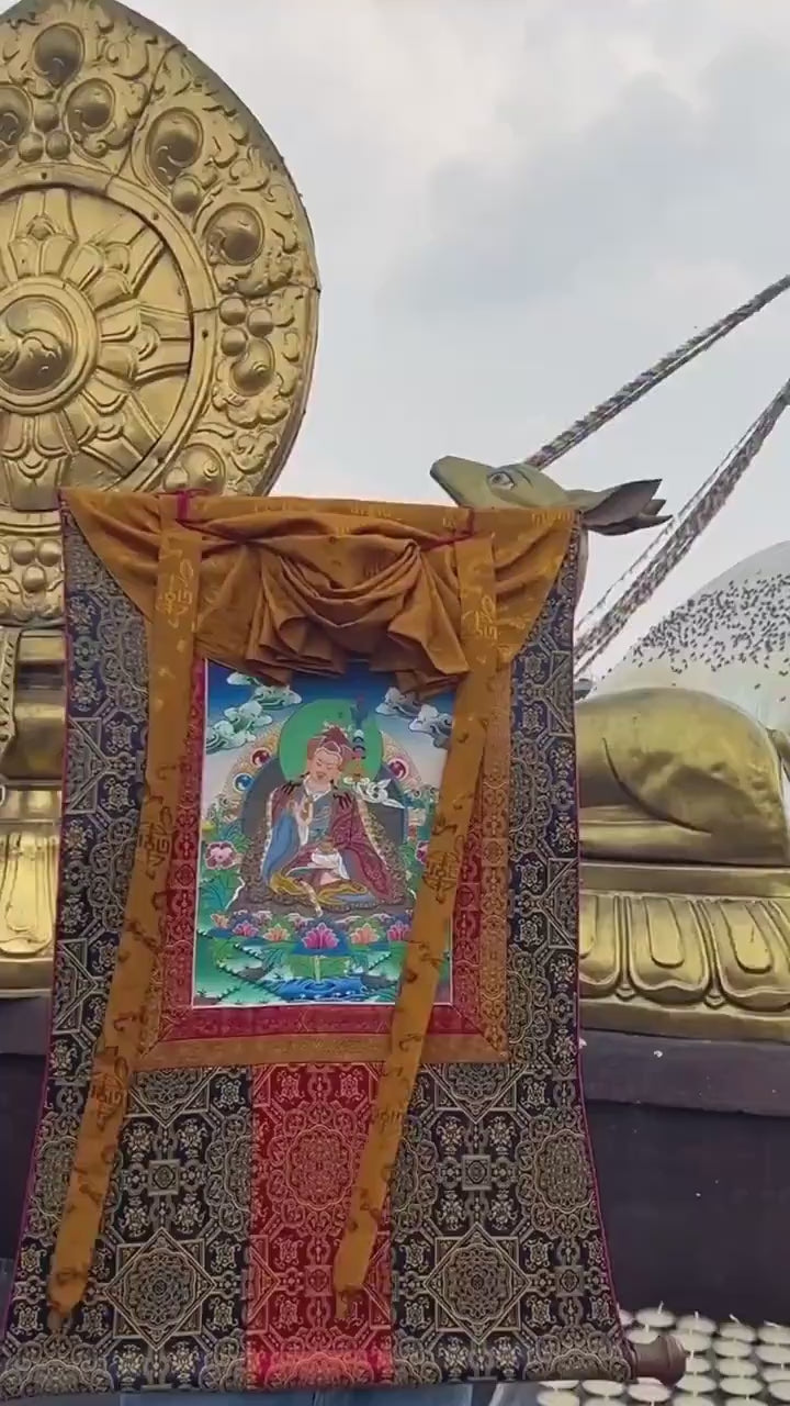 Load video: Traditional Hand-Painted Guru Rinpoche Thangka | Guru Padmasambhava Thangka Art