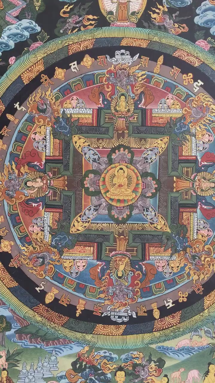 Load video: Vintage Buddha Mandala Thangka | Shakyamuni Buddha | Brocade Mounted Thanka