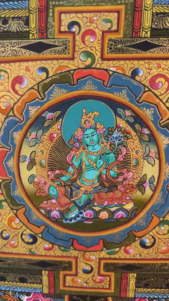 Load video: Bodhisattva Tara Thangka Mandala for Good luck | Traditional Painting | Buddhist Bodhisattva Dolma |