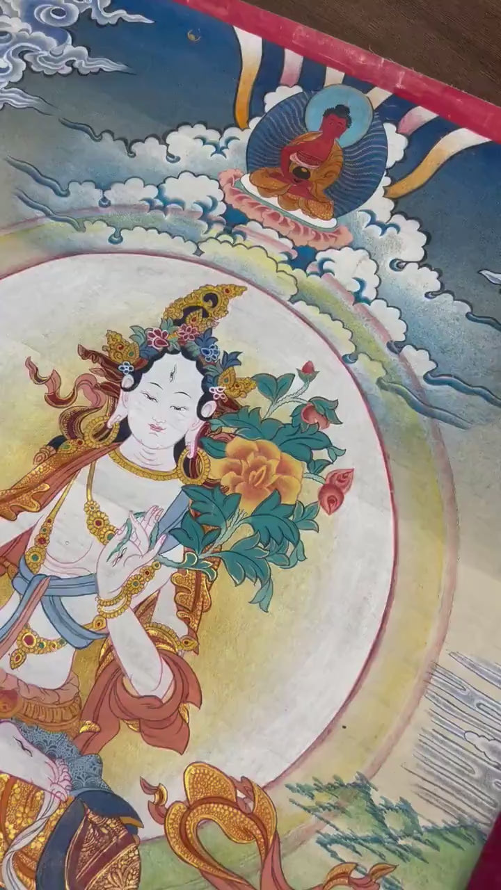 Load video: Vintage White Tara Thangka Art | Original Hand Painted Tibetan Buddhist Painting | Meditation And Yoga |