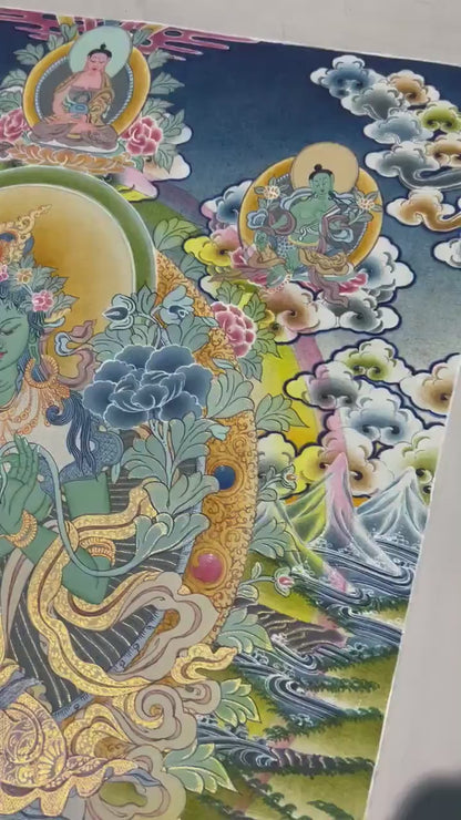 Green Goddess of Compassion with Five Bodhisattva | Green Tara Thanka