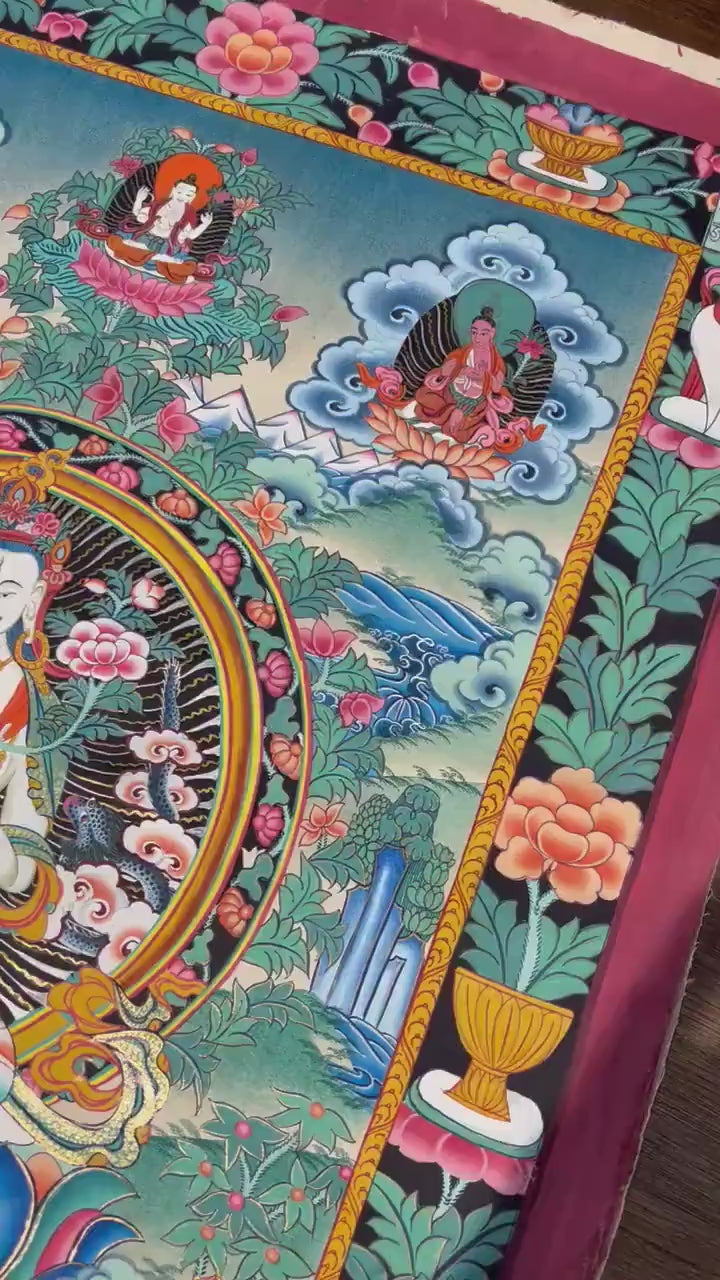 Load video: Vintage White Tara Thangka Art | Original Hand Painted Tibetan Buddhist Painting | Wall Hanging Decoration |