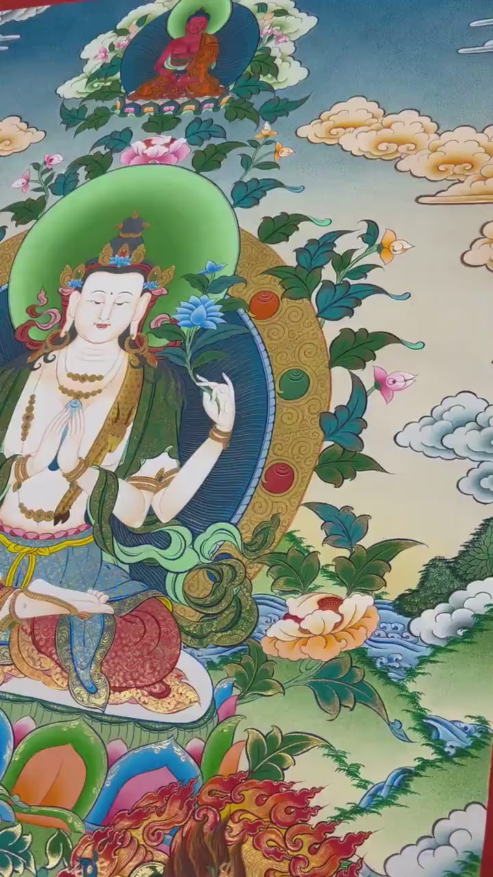 Load video: Original 4 Armed Chengrezig Thangka Painting | Handmade in Nepal