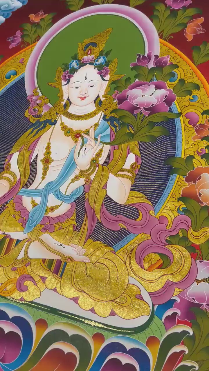 Load video: Original Hand-Painted White Tara Thangka | Religious Wall Decor | Thangka Painting |
