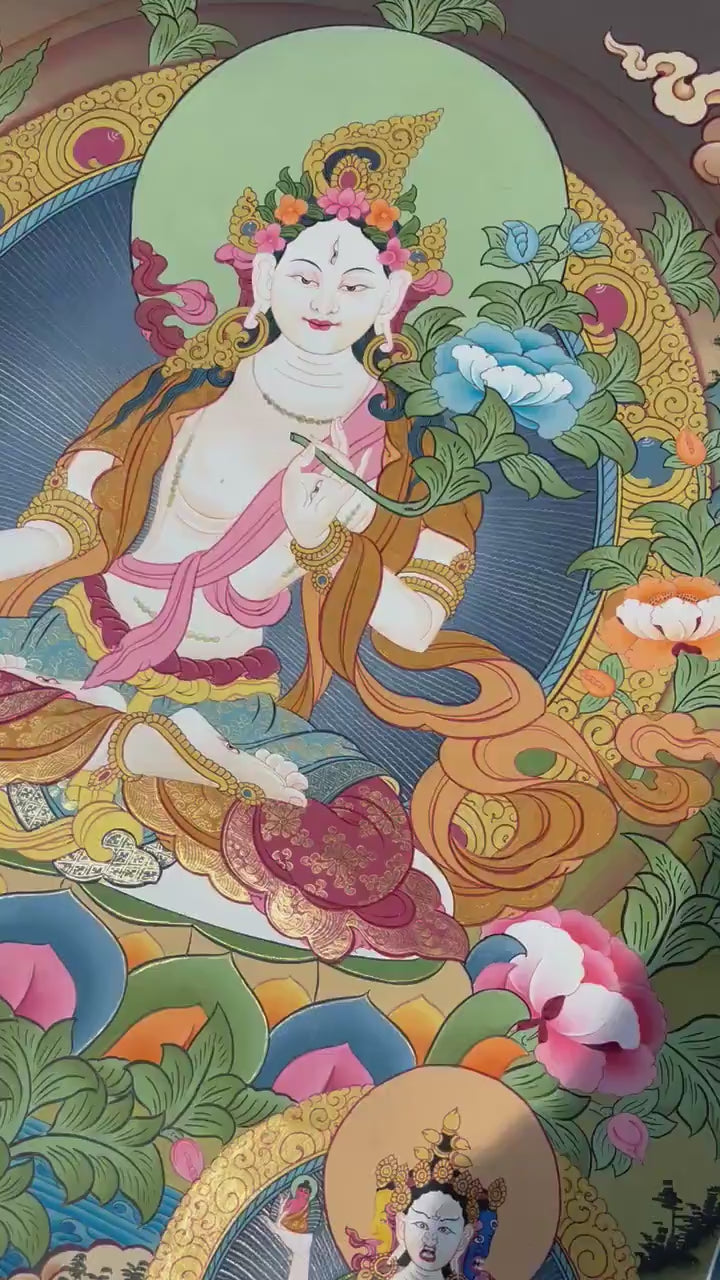 Load video: Hand-Painted White Tara Thangka | Tibetan Buddhist Thangka Wall Decor Painting