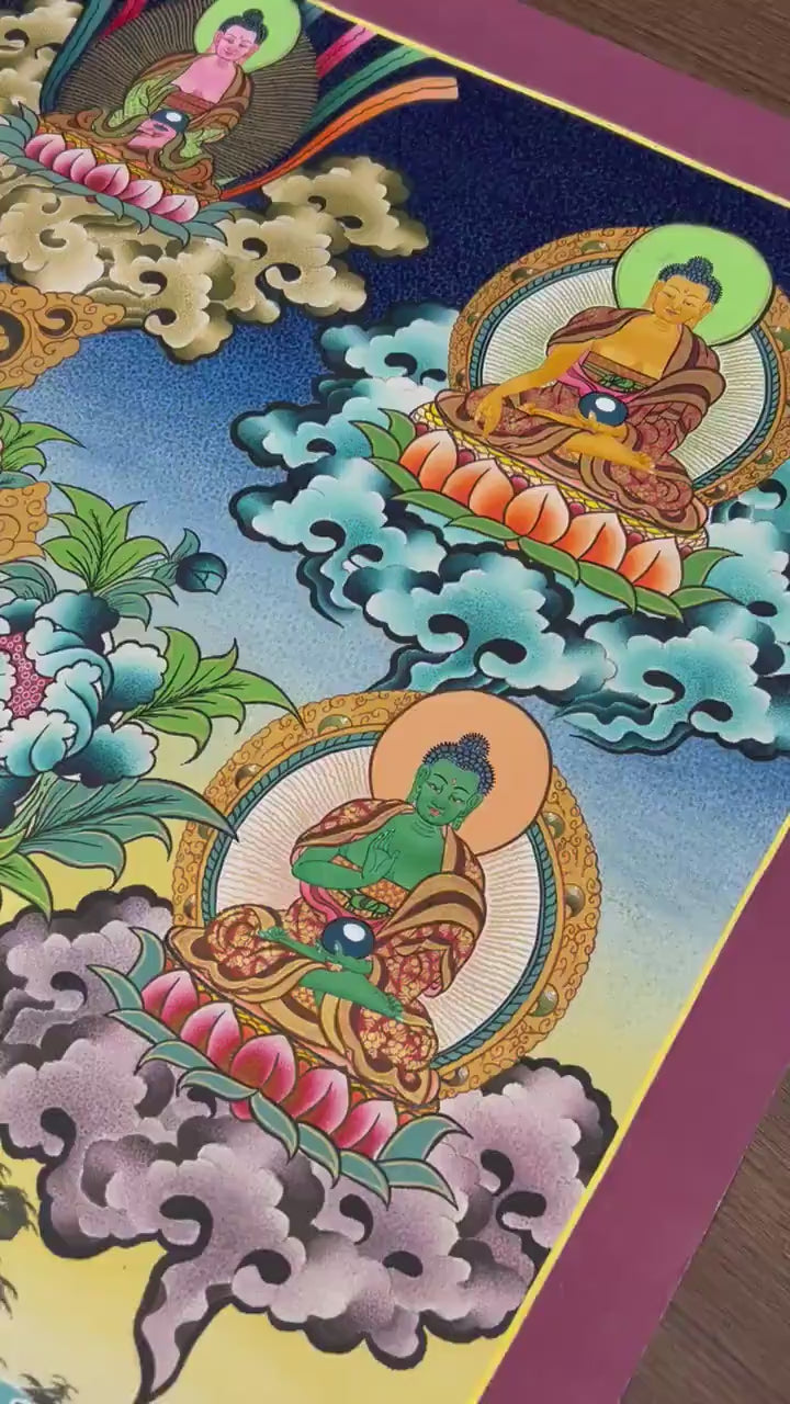 Load video: White Tara, Long Life Deity With Five Buddhas Thangka Painting With Detail Finishing Flanked By Namgyalma and Amityaus With Beautiful Colors