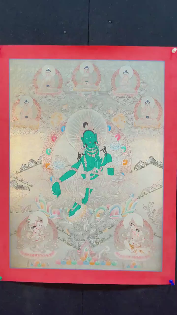 Load video: Silver Style Green Tara Thangka Art | Original Hand Painted Thangka Painting | Wall Hanging For Meditation And Yoga |