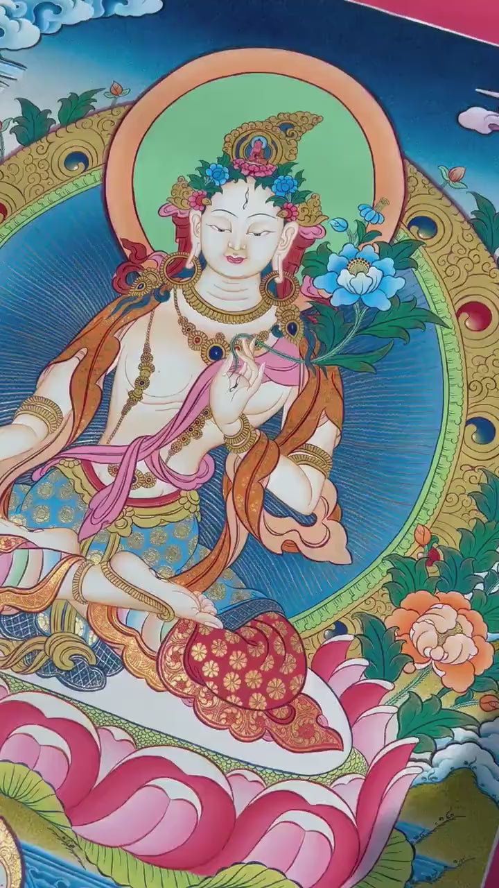 Load video: White Tara Thangka Art | Original Hand Painted Female Bodhisattva Art | Wall Decoration Painting |