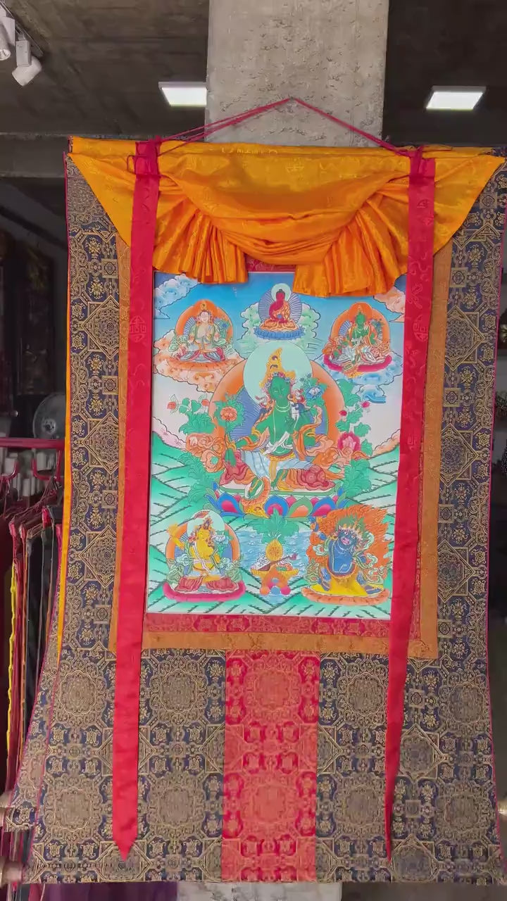 Load video: Green Tara Divine Mother Thangka Painting With Brocade | Bodhisattva Wall hanging Decor