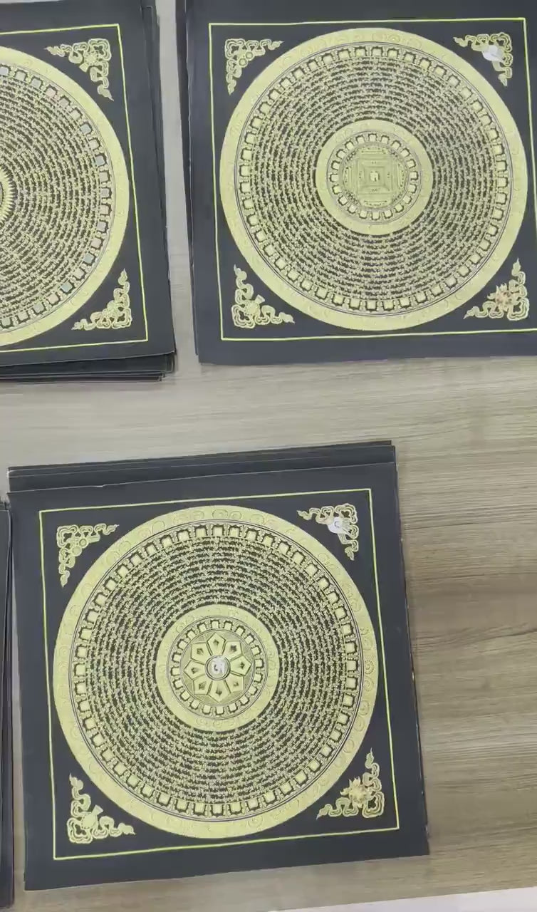 Load video: Mantra Mandala Thangka | Genuine Hand Painted Om Mani Padme Hum Painting Art | Wall Hanging Decor | Black And Gold Style Mandala