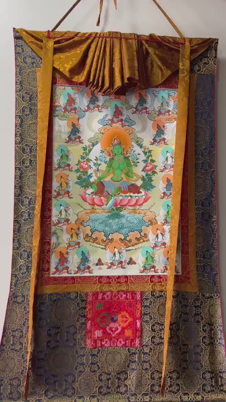 Load video: 21 Tara Thangka With Beautiful Face and Master Quality Workmanship | Brocade Mounted
