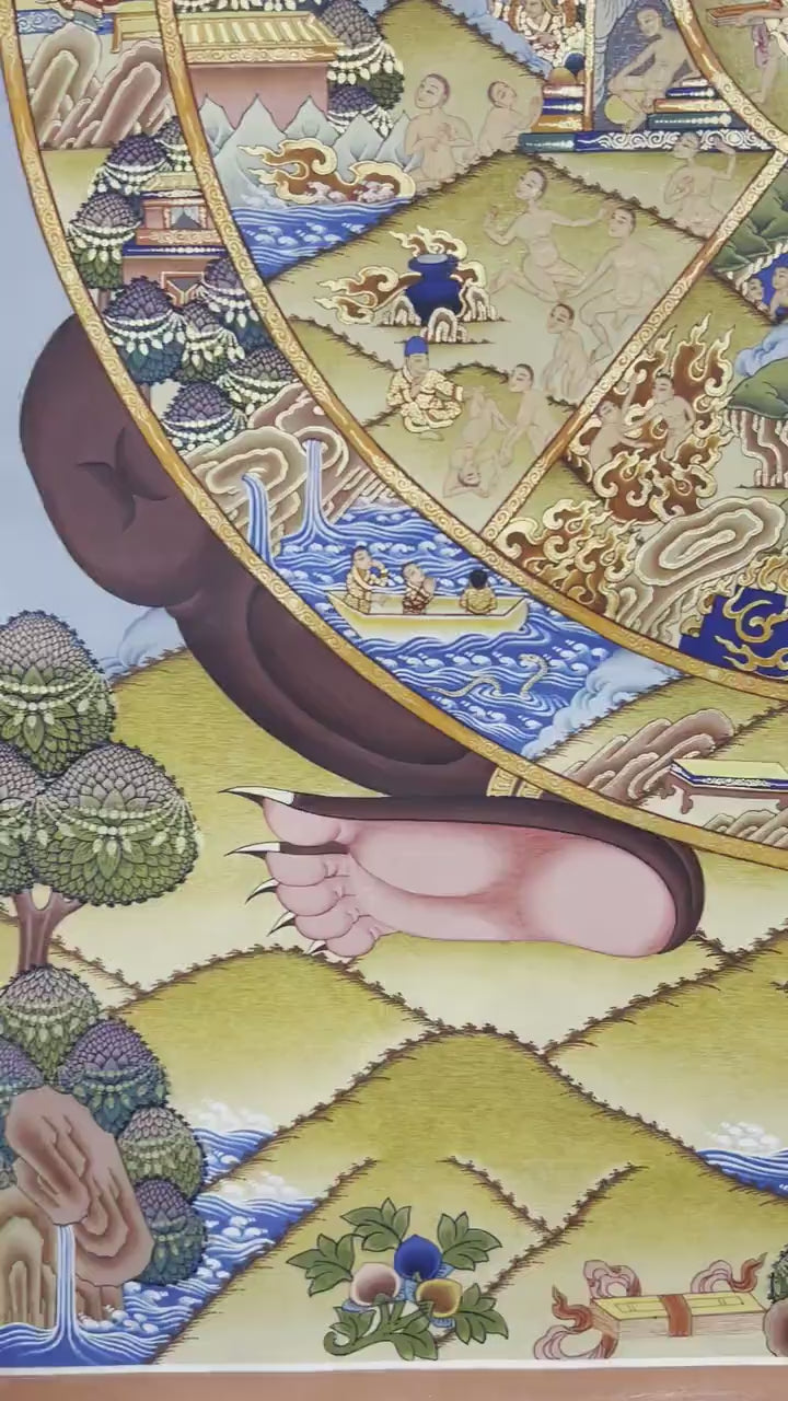 Load video: Genuine Hand Painted Tibetan Wheel Of Life Bhavachakra | Traditional Hand Painted Thangka for Yoga And Meditation