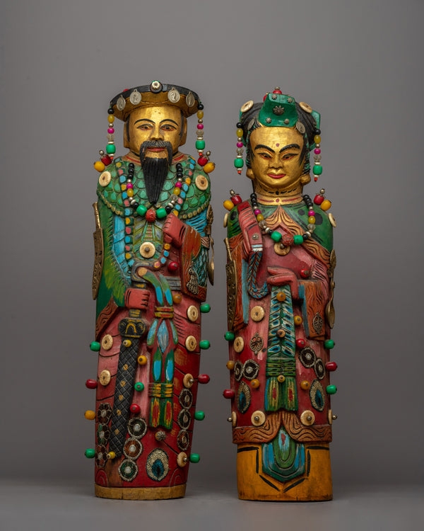 Wooden Pair Statues of Chinese Emperor and Empress | Traditional Chinese Figurines