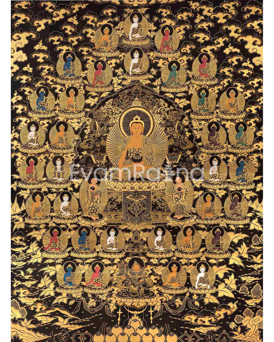 Shakyamuni Buddha with 35 Buddhas of Confession | Tibetan Thanka | Supreme Wisdom |