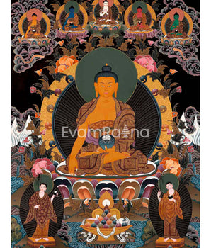 Original Shakyamuni Buddha Thangka with Five Buddhas at the Top | Perfect For Your Meditation Altar |