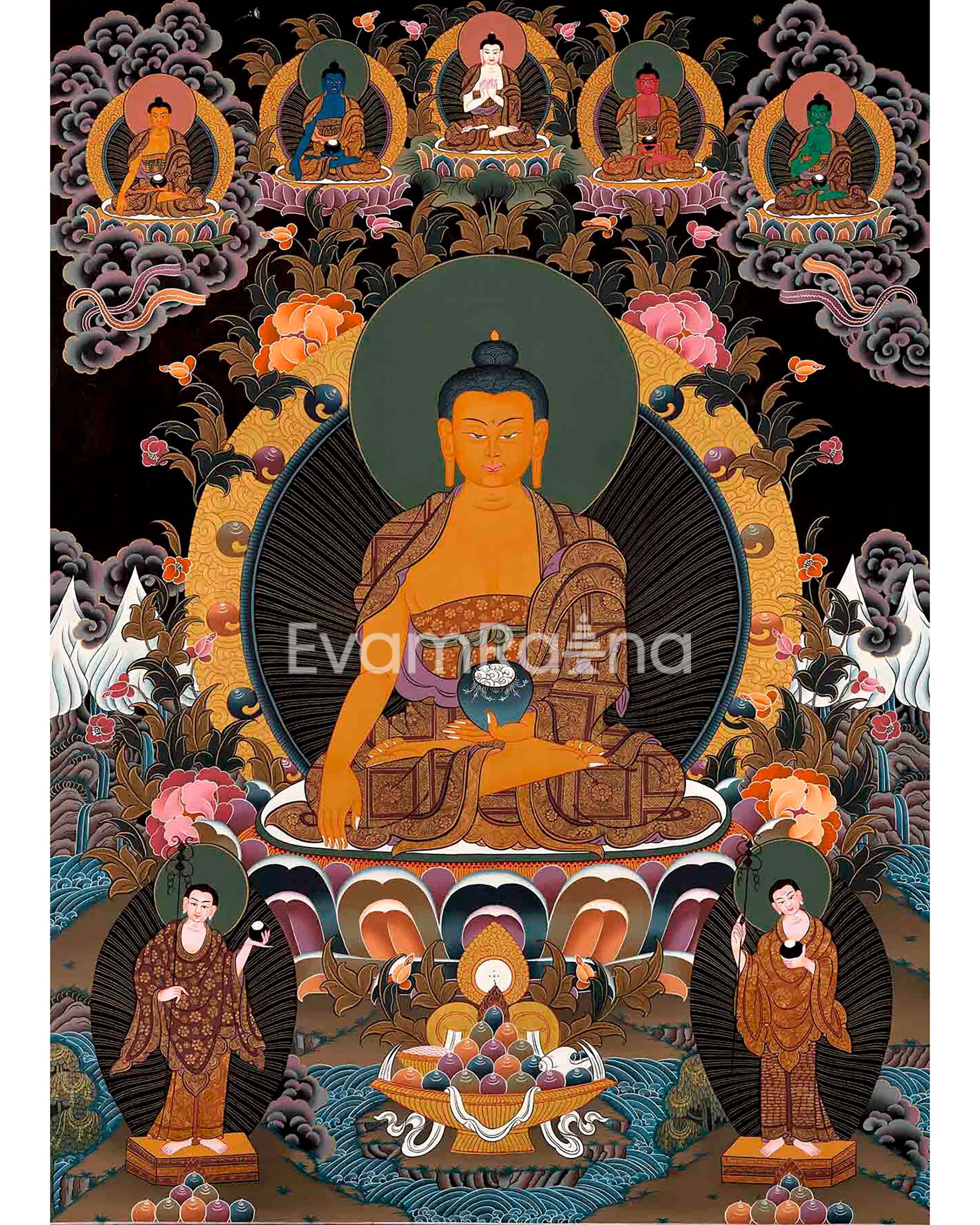 Original Shakyamuni Buddha Thangka with Five Buddhas at the Top | Perfect For Your Meditation Altar |
