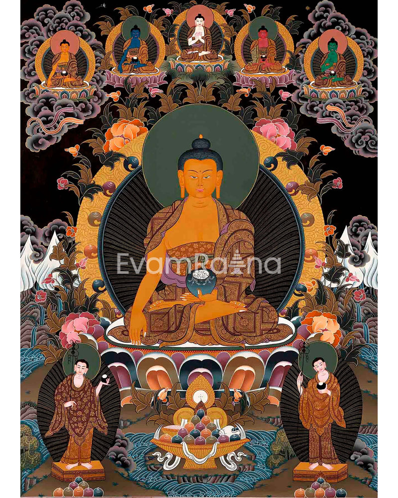 Original Shakyamuni Buddha Thangka with Five Buddhas at the Top | Perfect For Your Meditation Altar |