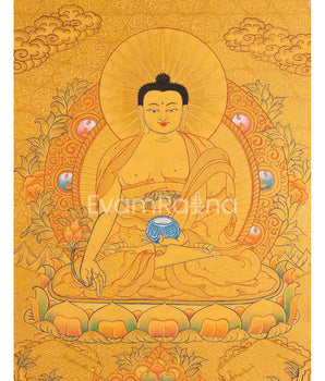 24k Gold Style Original Tibetan Buddhist Painting Of Shakyamuni Buddha, Amitayus Buddha, and Green Tara Thangka