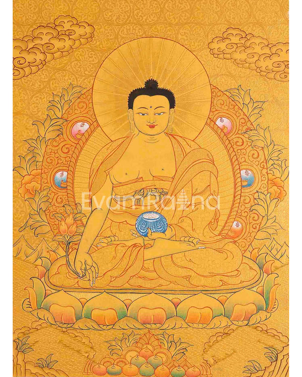 24k Gold Style Original Tibetan Buddhist Painting Of Shakyamuni Buddha, Amitayus Buddha, and Green Tara Thangka