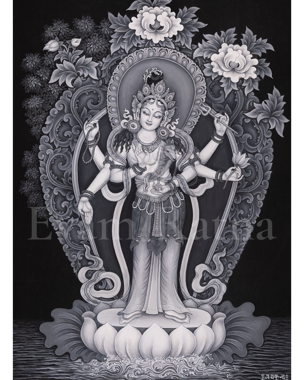 Black and White Bodhisattva Chenrezig Thangka