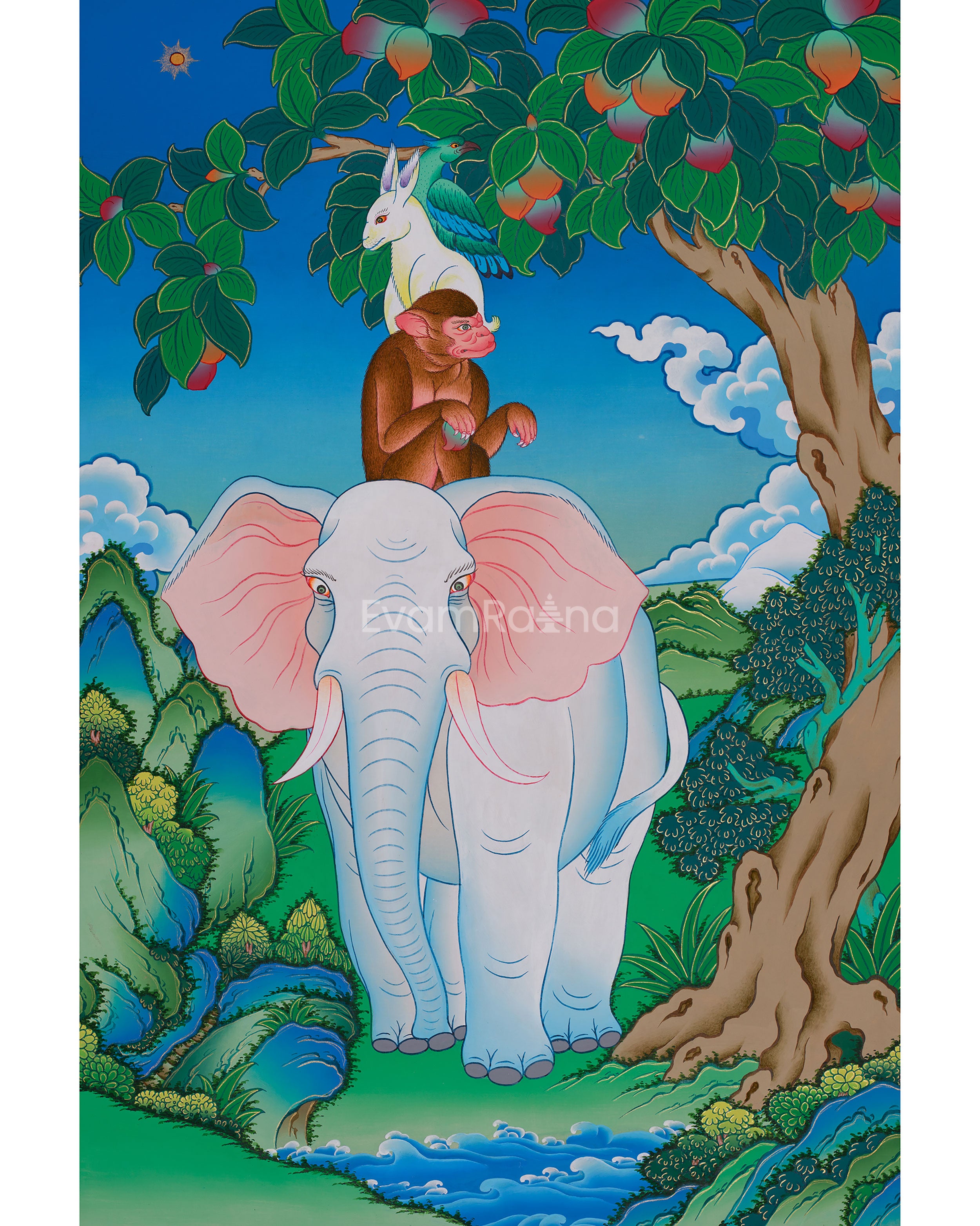 Original Hand-Painted 4 Harmonious Animals | Tibetan Art of Unity & Balance