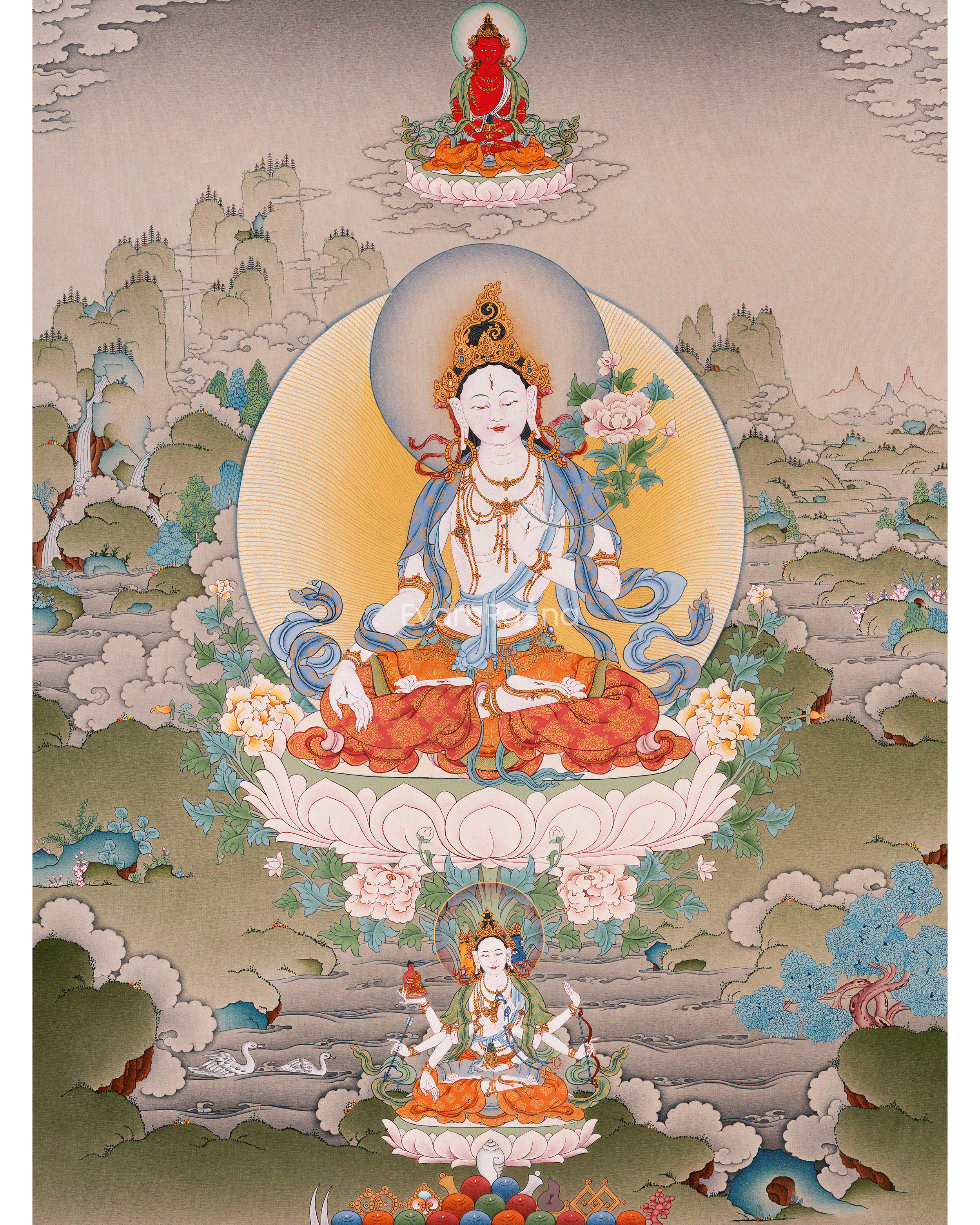 Thangka Print of White Tara | Tibetan Artwork of the Three Longevity Deities