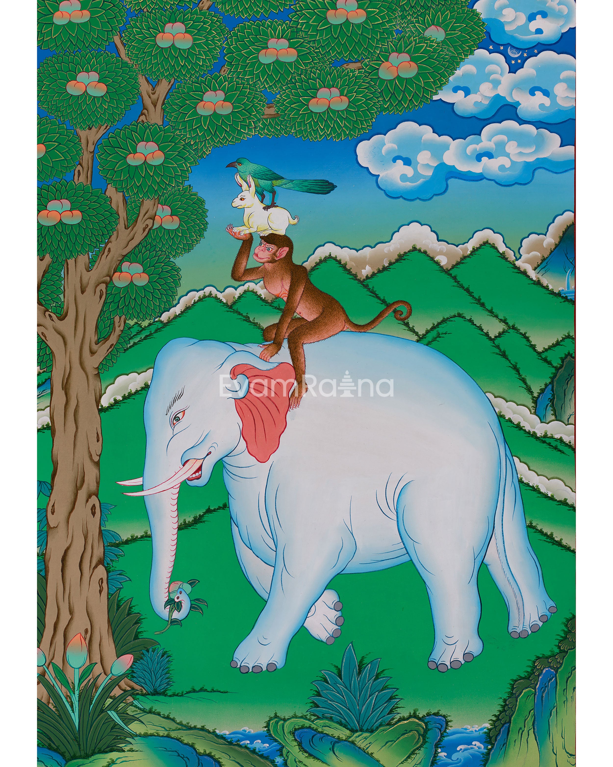 Thangka of Four Harmonious Friends | Depicting Unity, Cooperation, and Mutual Respect