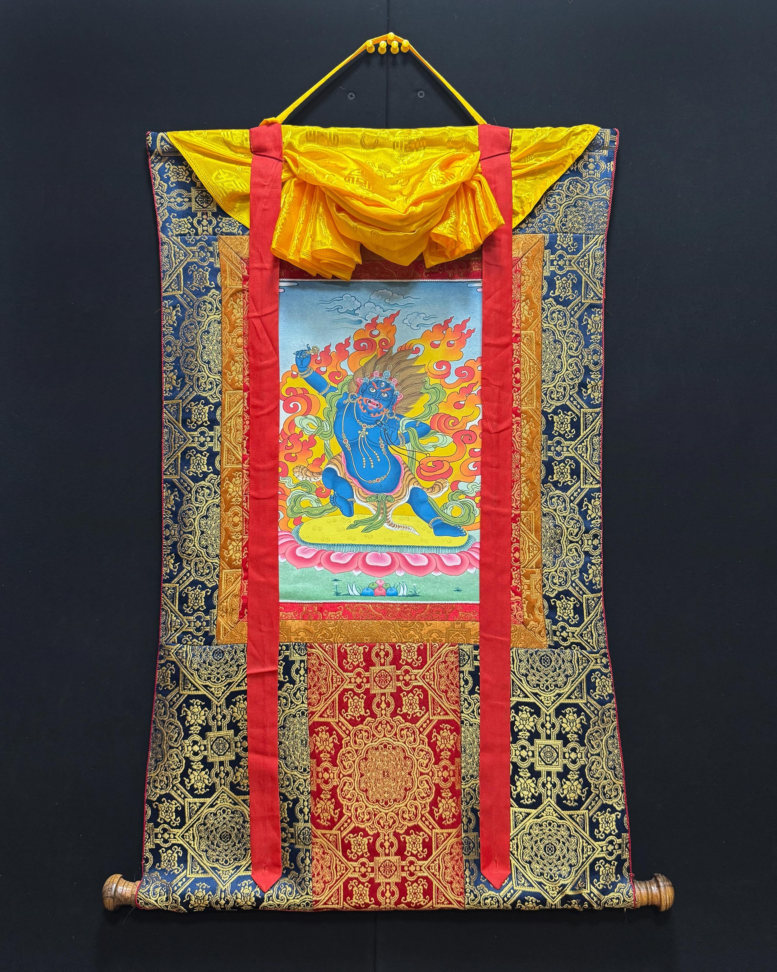 Tibetan Vajrapani Thangka With Brocade | Symbol of Strength, Courage, and Enlightened Power