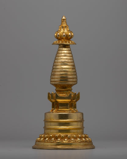 Intricate Gold-Plated Copper Tibetan Stupa