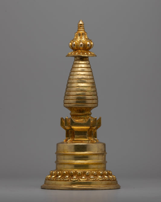 Intricate Gold-Plated Copper Tibetan Stupa