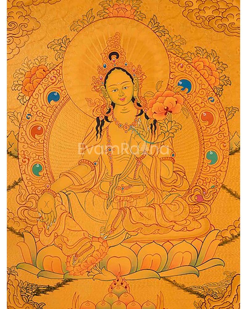 24k Gold Style Original Tibetan Buddhist Painting Of Shakyamuni Buddha, Amitayus Buddha, and Green Tara Thangka