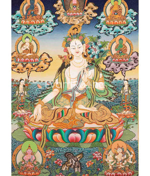 White Tara, Long Life Deity With Five Buddhas Thangka Painting With Detail Finishing Flanked By Namgyalma and Amityaus With Beautiful Colors