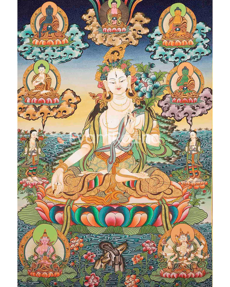 White Tara, Long Life Deity With Five Buddhas Thangka Painting With Detail Finishing Flanked By Namgyalma and Amityaus With Beautiful Colors