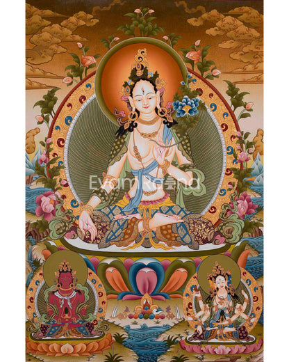 White Tara Thangka | Manjushri ,Green Tara ,Shakyamuni Buddha |