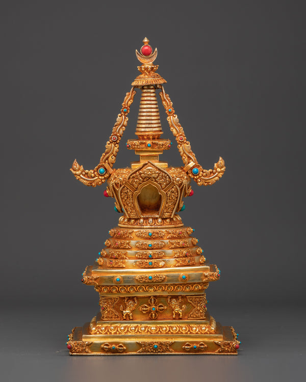 Handcrafted Tibetan Buddhist Chorten | Gold-Plated Copper Stupa