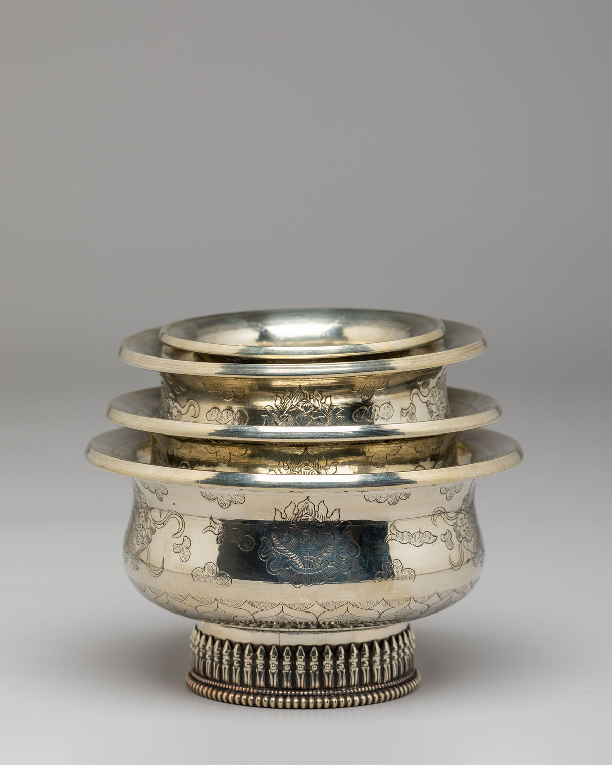 Buddhist Meditation Bowl Set | White Metal Offering Bowls