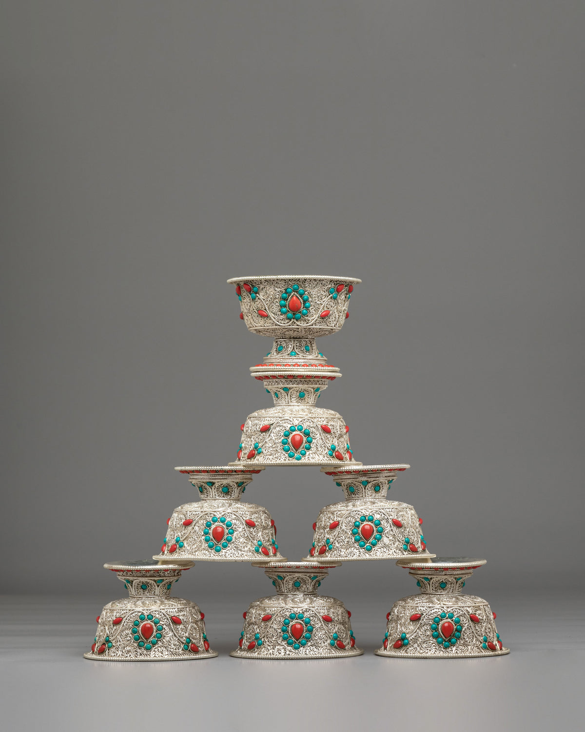 Buddhist Shrine Offering Bowl Set | Silver Plated Tibetan Ritual Bowls