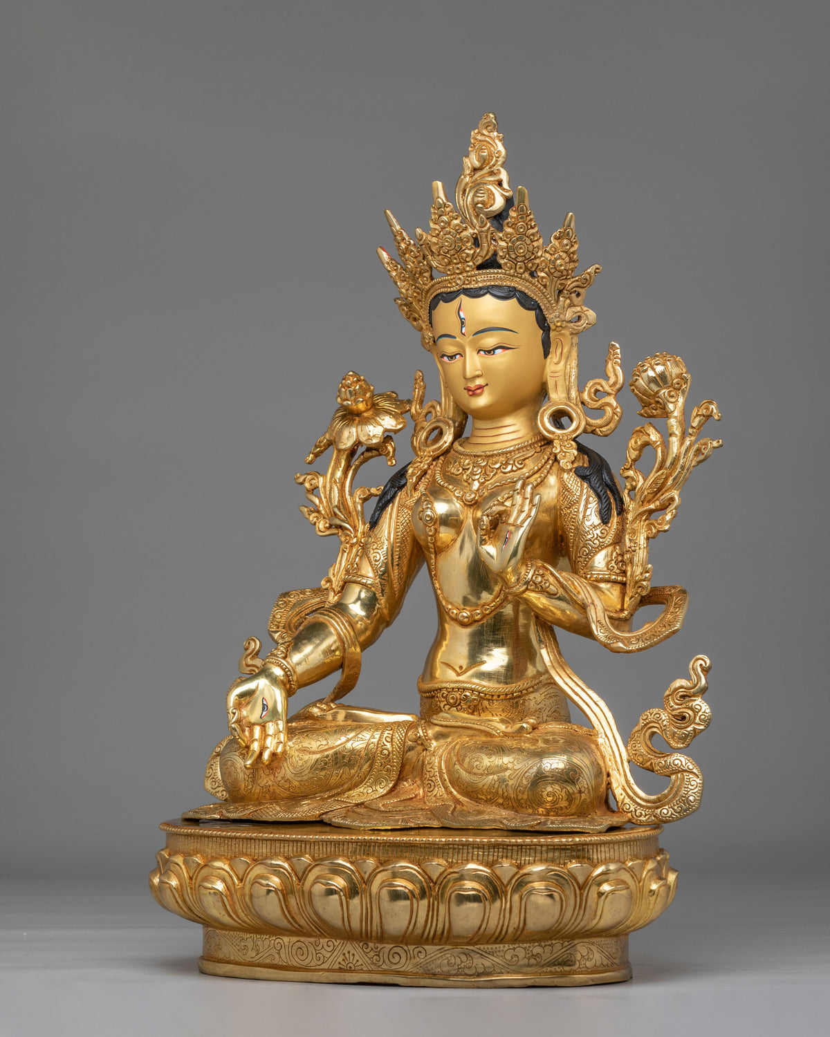 Tibetan Buddhist White Tara Sculpture | 24K Gold Plated Goddess Statue