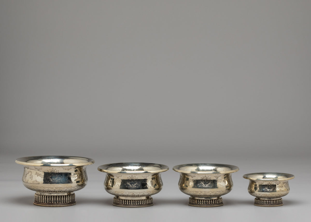 Buddhist Meditation Bowl Set | White Metal Offering Bowls