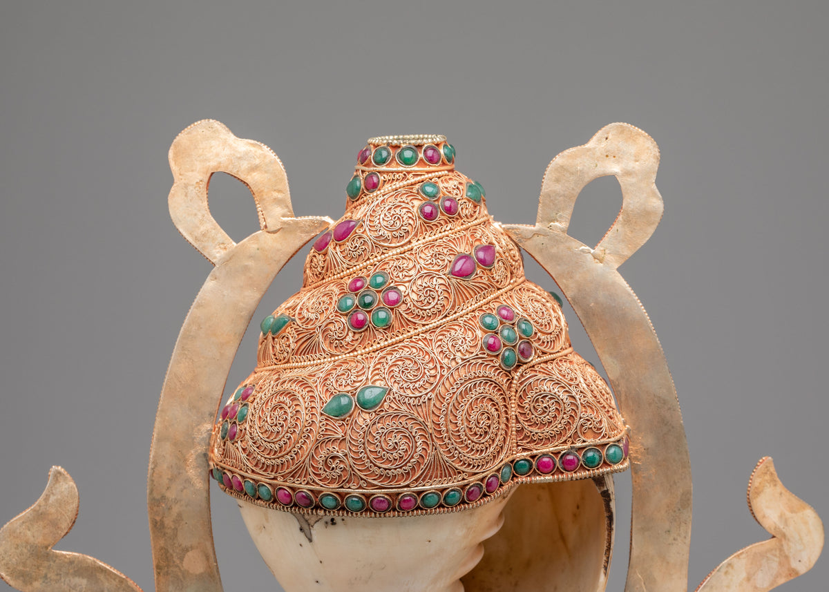 Tibetan Decorative Conch with Stand | Gemstone Embellished Buddhist Art
