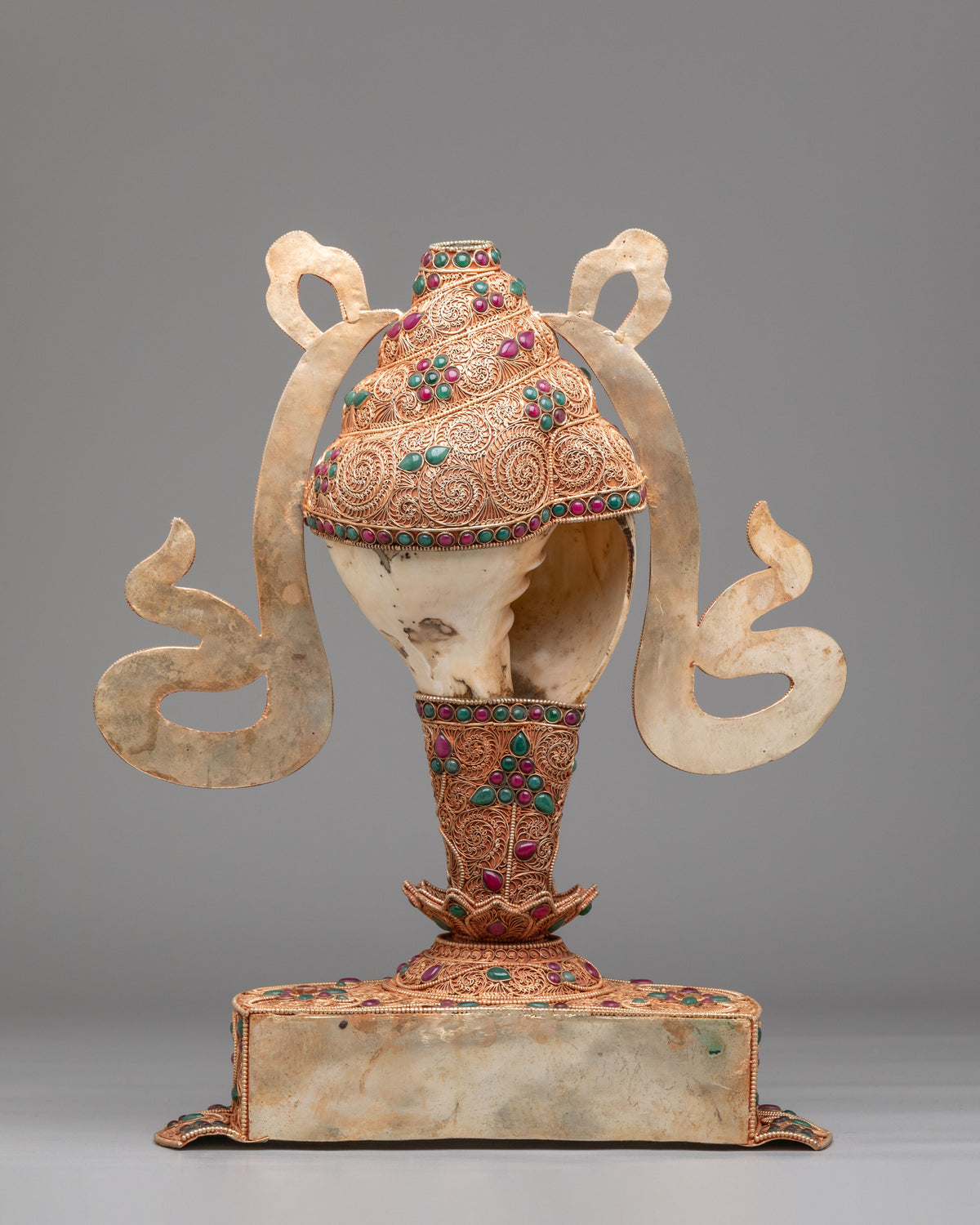 Tibetan Decorative Conch with Stand | Gemstone Embellished Buddhist Art