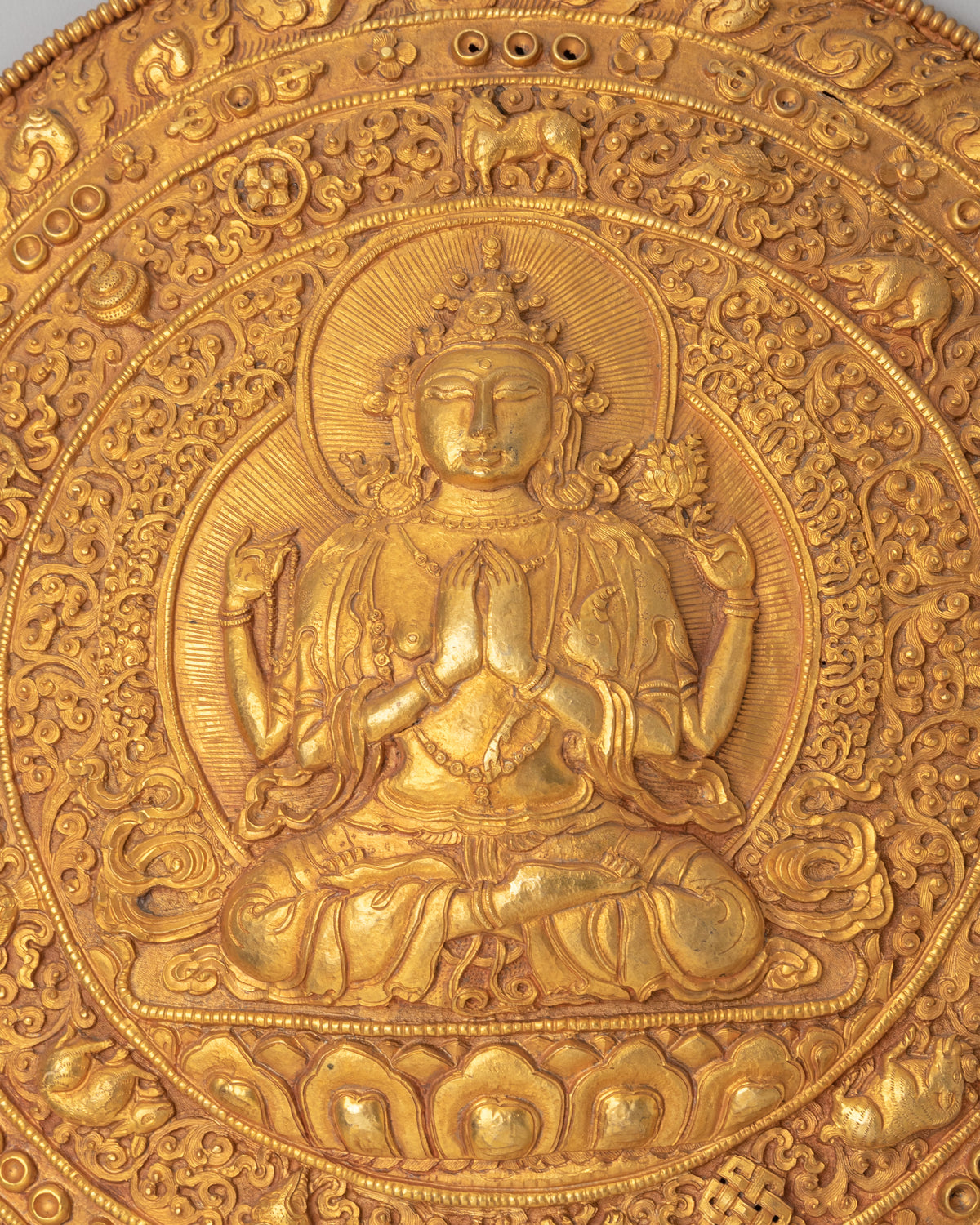 Traditional Chenrezig Wall Hanging | Gold Plated Copper Buddhist Wall Art