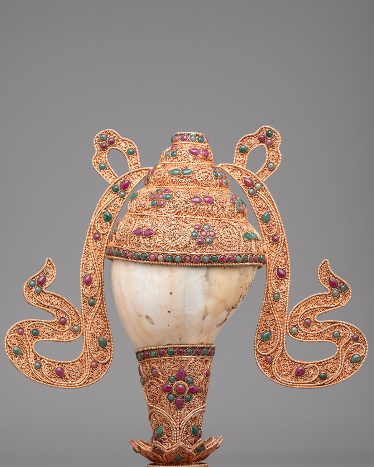 Tibetan Decorative Conch with Stand | Gemstone Embellished Buddhist Art
