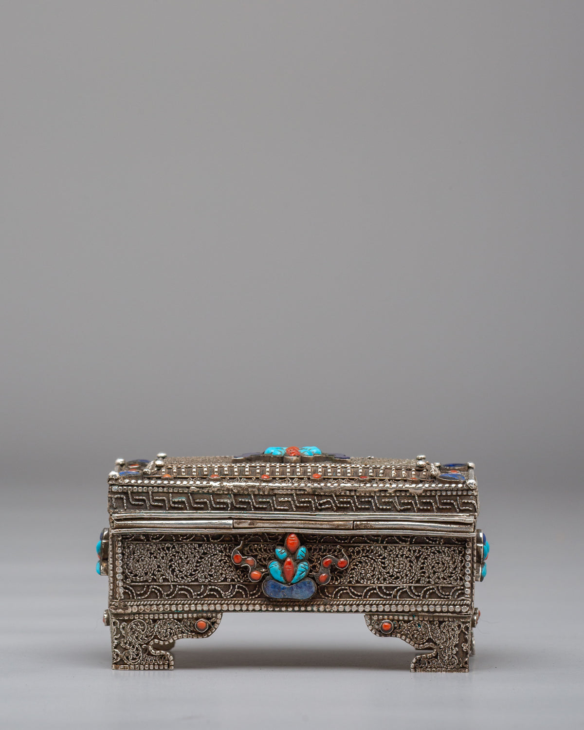Buddhist Jewellery Box | Handcrafted Silver Filigree with Gemstones