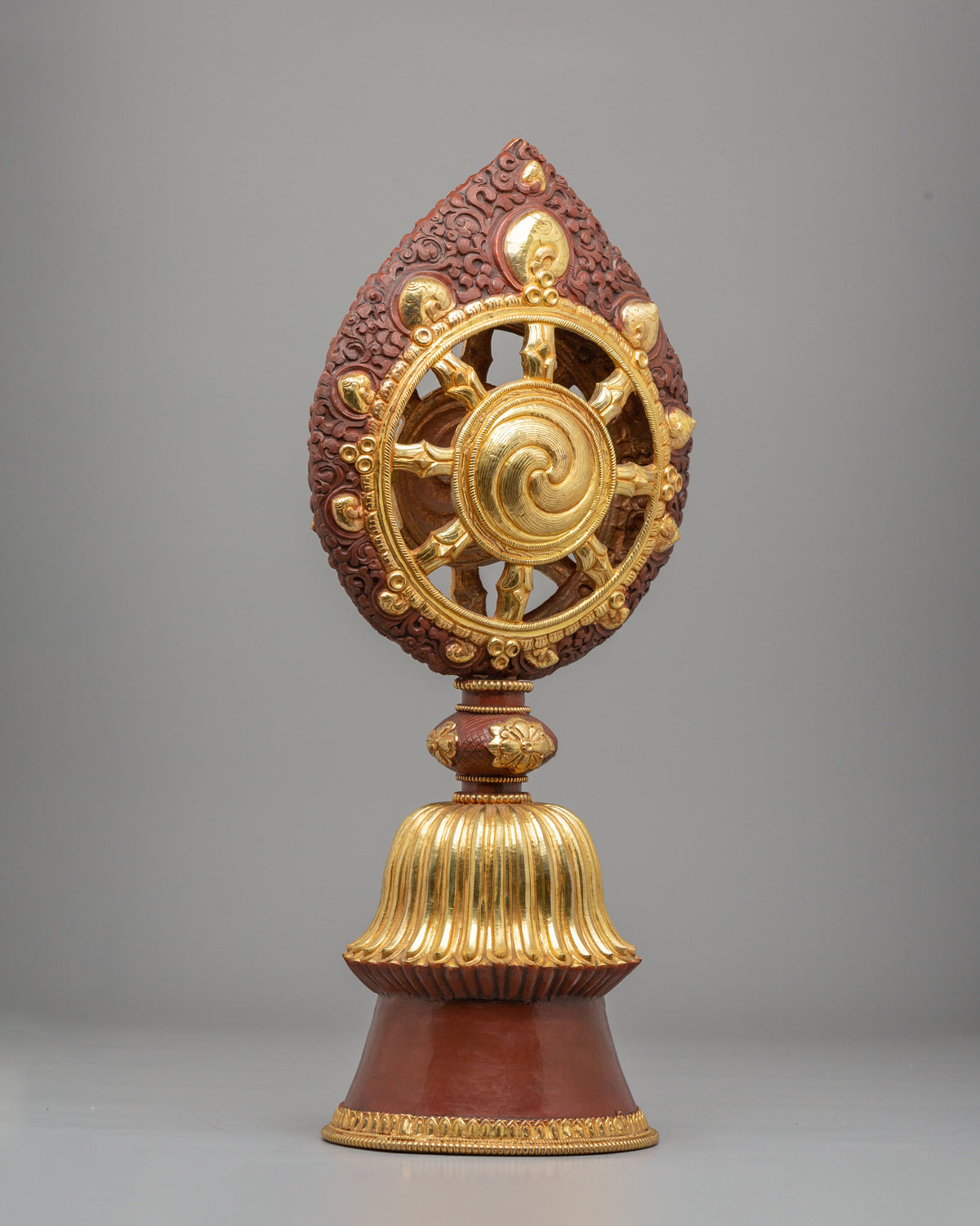 Sacred Buddhist Dharma Wheel | Gold Plated Oxidized Copper Sculpture
