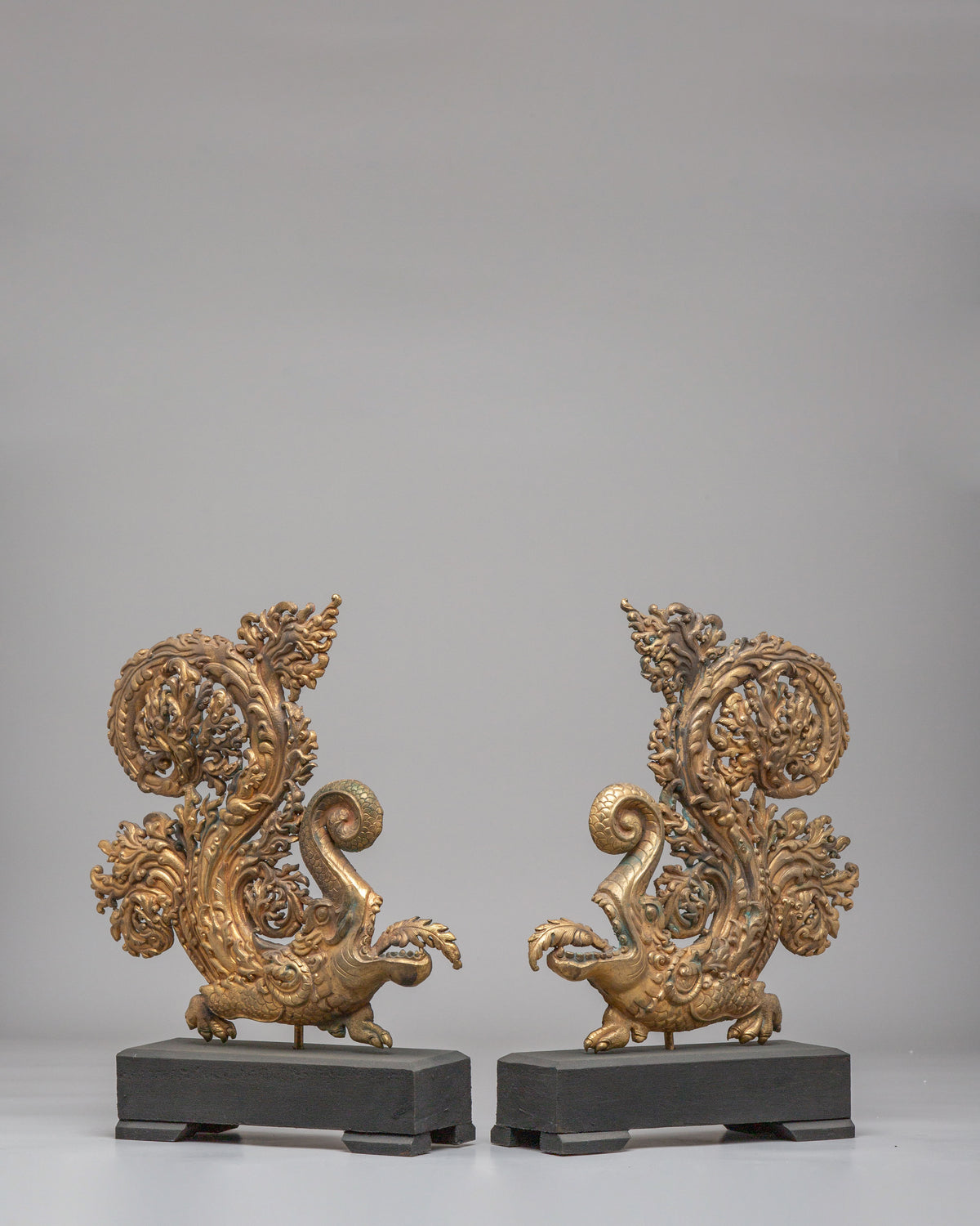 Handcrafted Makara Sculpture Pair | Gold Plated Copper Artwork