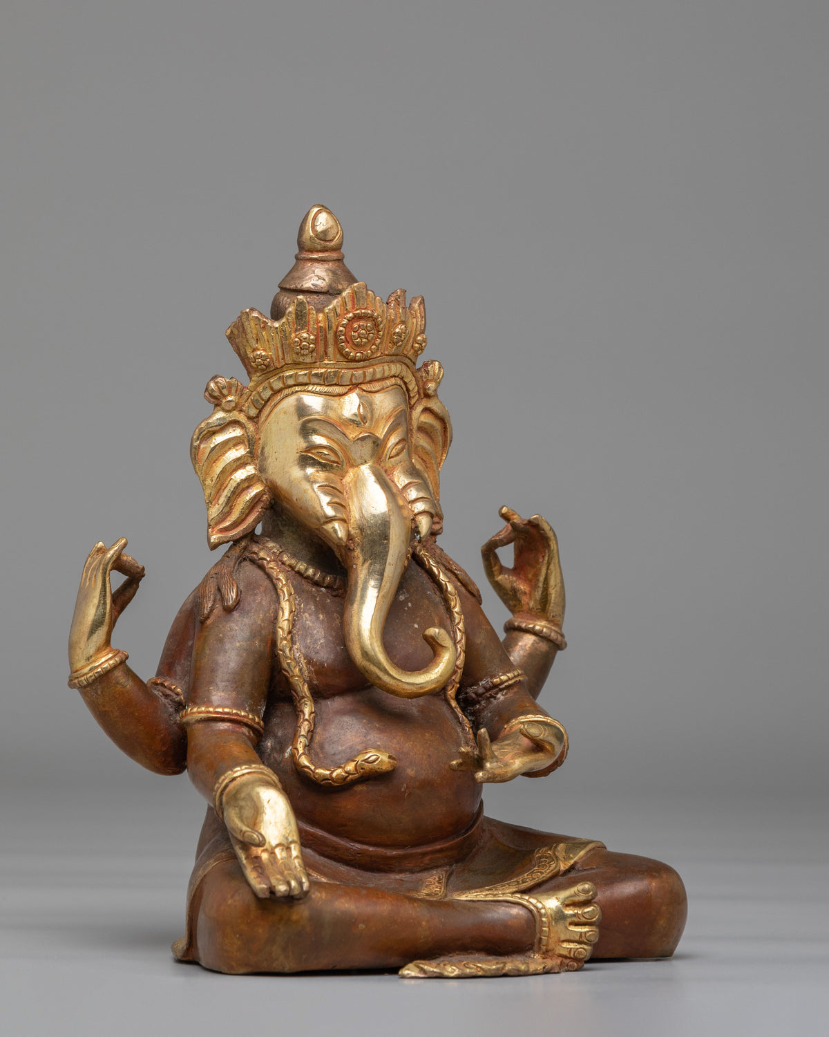 Sacred Himalayan Ganesh Altar Statue | Gold Plated Copper Ganesha Sculpture