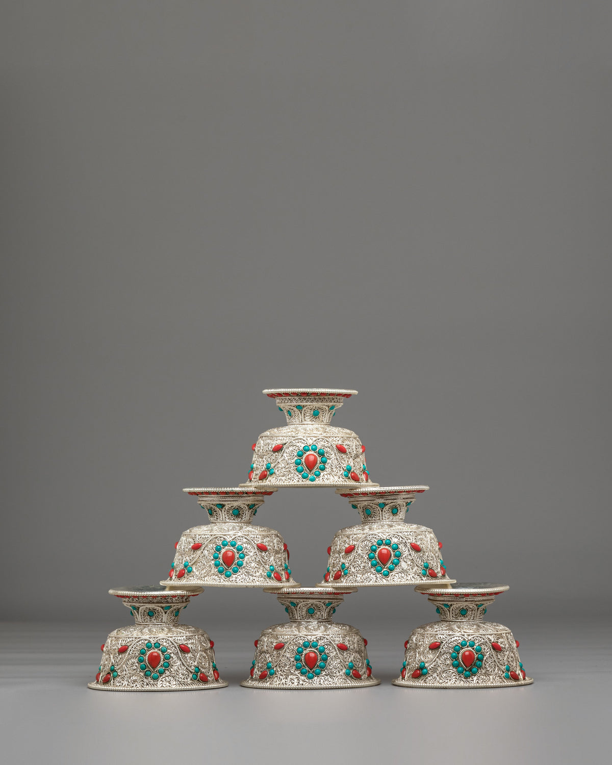 Buddhist Shrine Offering Bowl Set | Silver Plated Tibetan Ritual Bowls